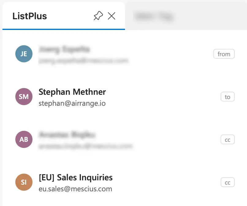 ListPlus Outlook Add-in sidebar showing the sender and recipients of the open email